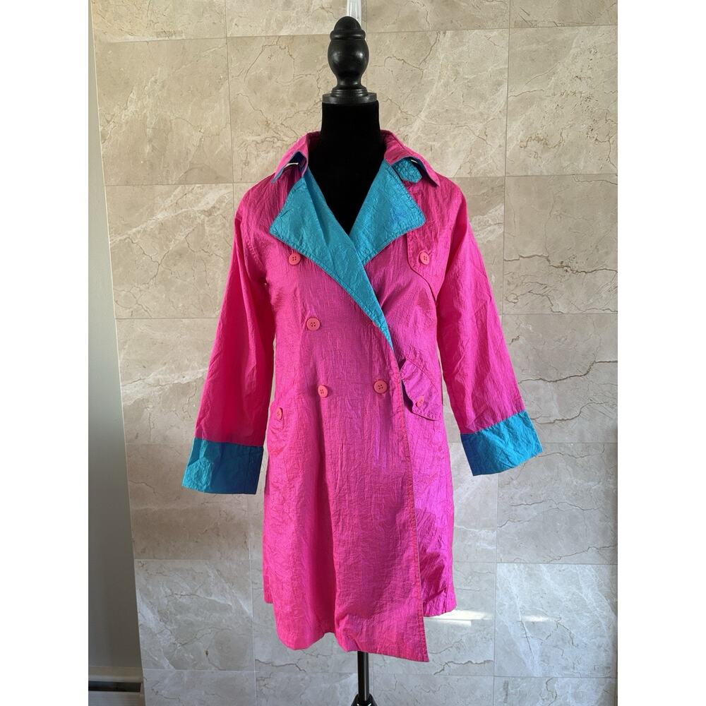 VTG 80s Windbreaker Double-Breasted Peacoat Jacket Small Magenta Turquoise